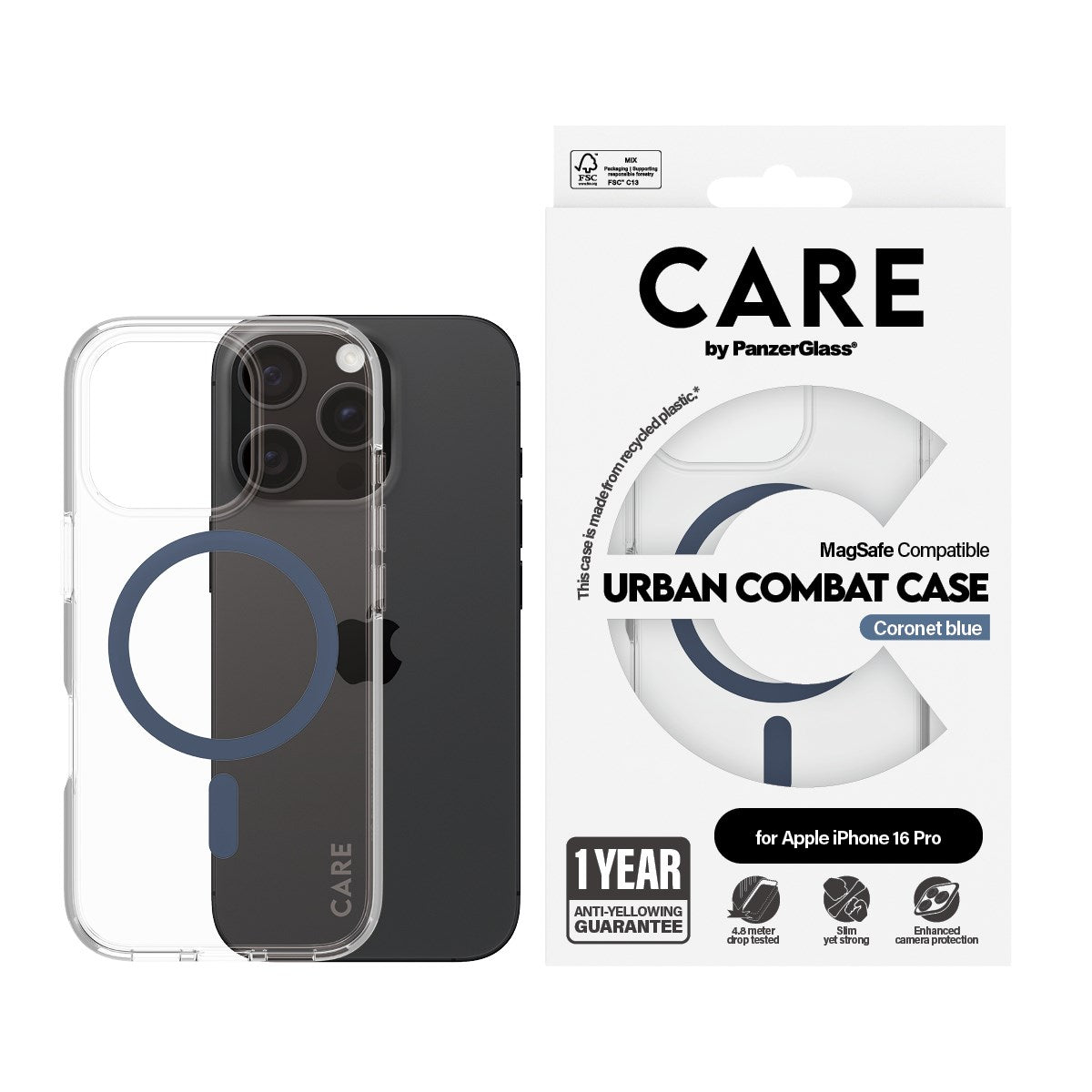 CARE by PanzerGlass® Urban Combat Case Transparent w. Blue MagSafe iPhone 16 Pro